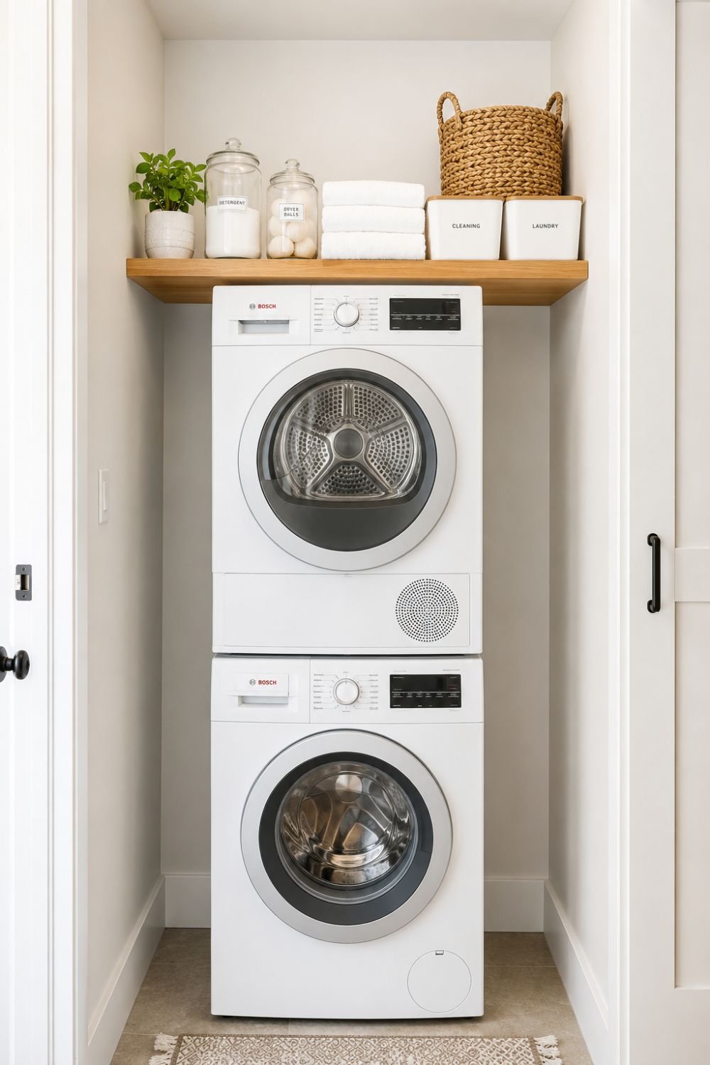 shelf above machines tiny laundry closet idea