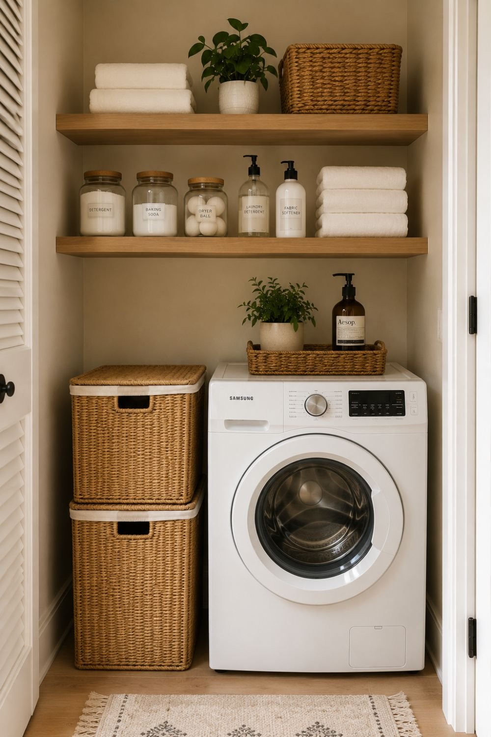 sorting baskets tiny laundry closet idea