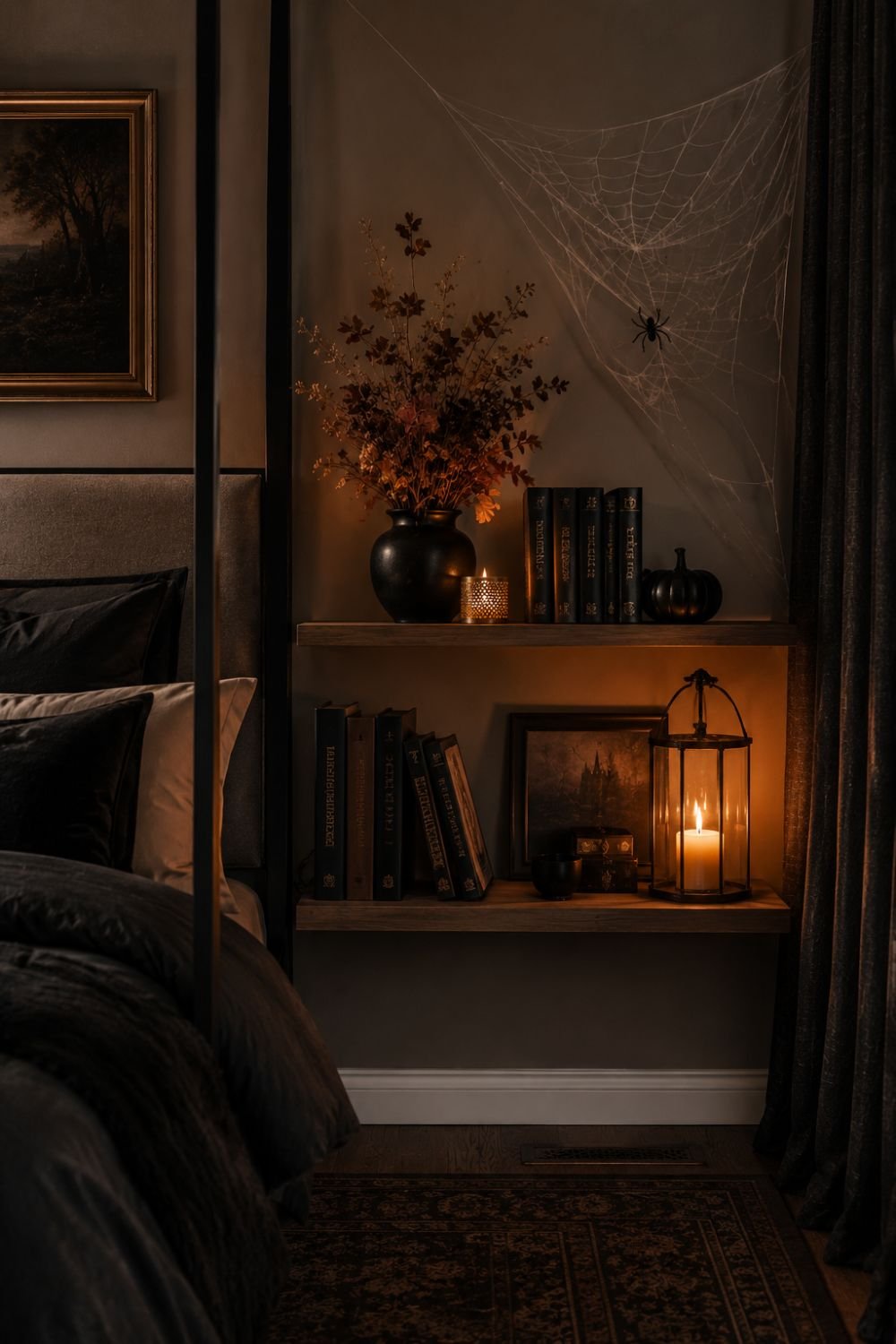 spider web accent halloween bedroom decor