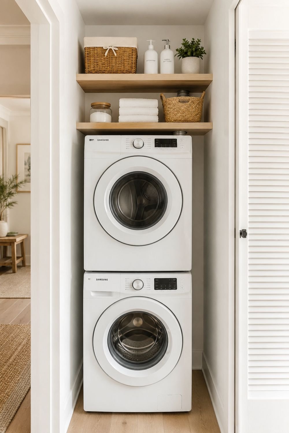 stacked washer dryer tiny laundry closet idea
