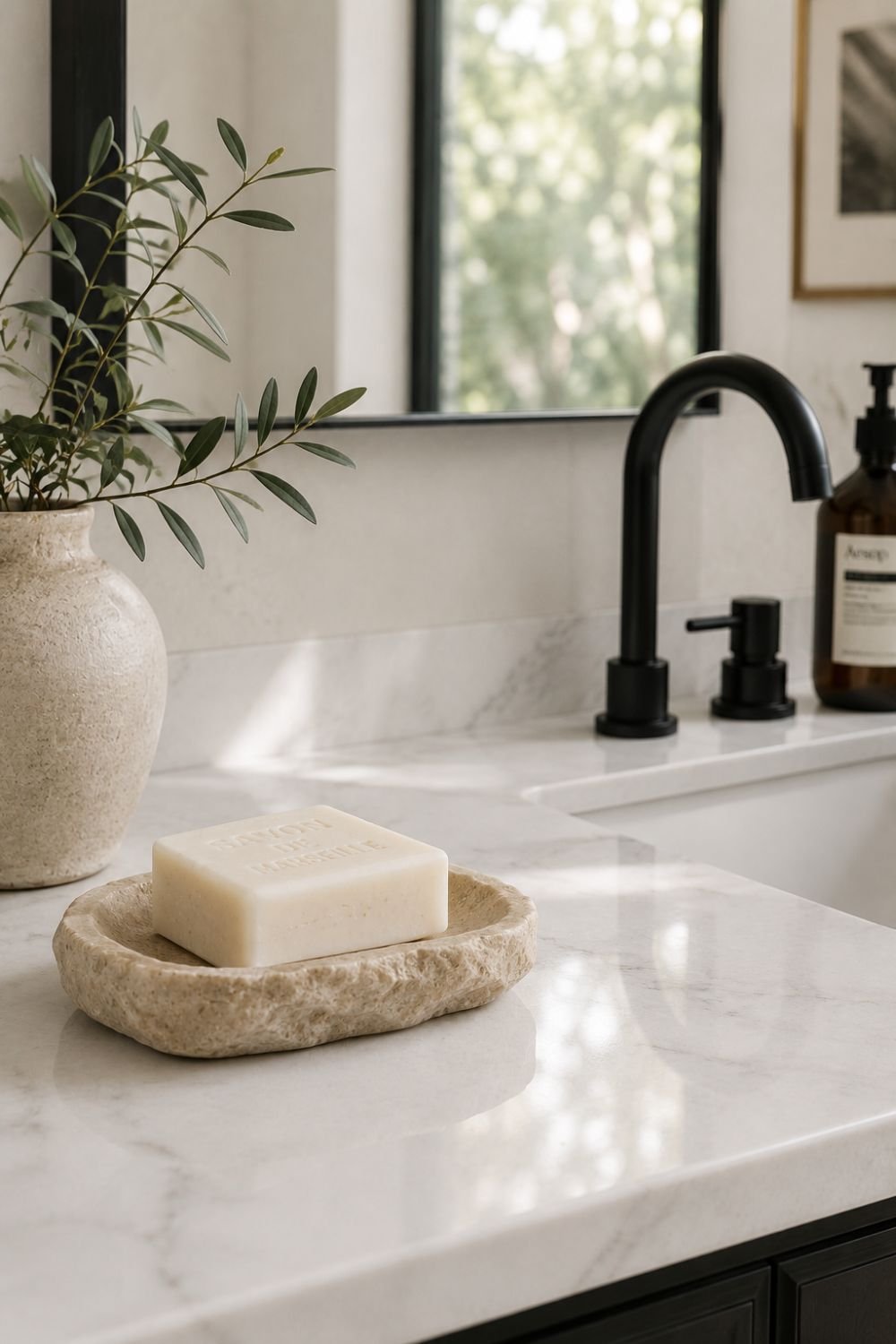 stone soap dish bathroom counter decor idea
