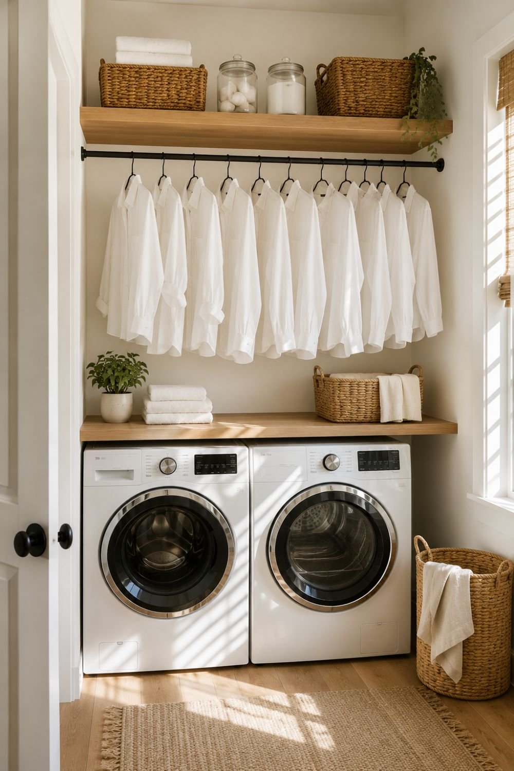 tension rod tiny laundry closet idea