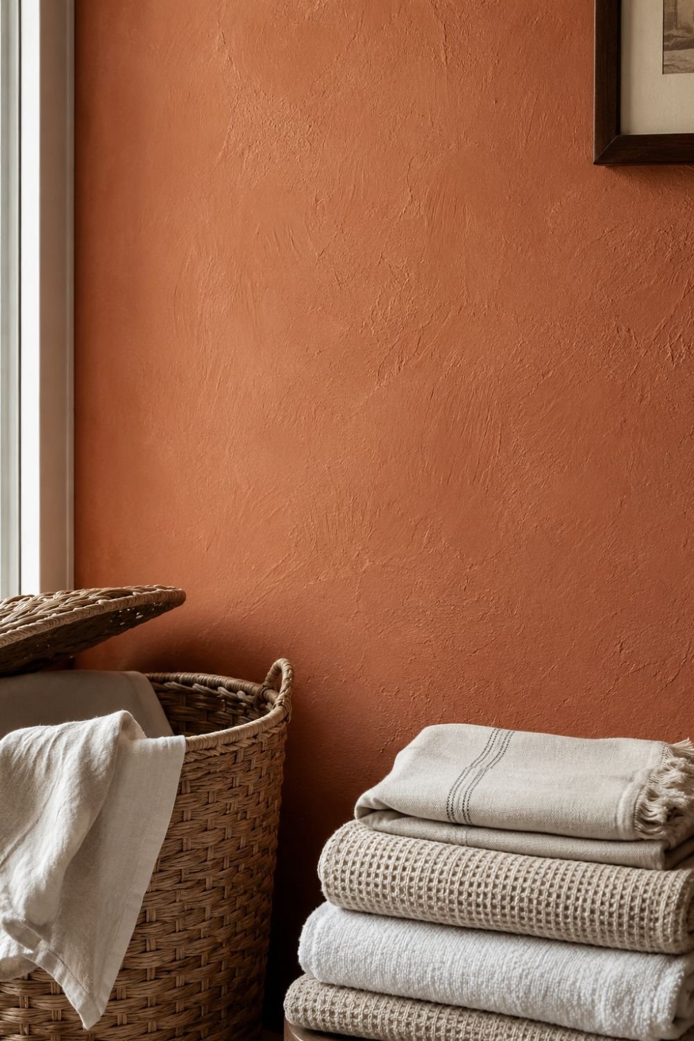 terracotta accent wall in fall laundry room