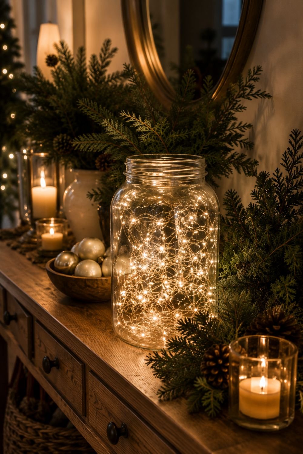 twinkle light jar christmas entryway decor idea