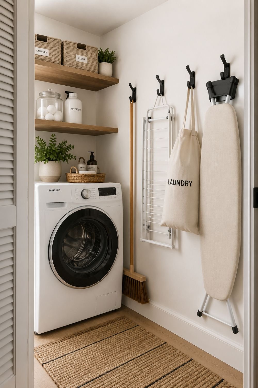 wall hooks tiny laundry closet idea