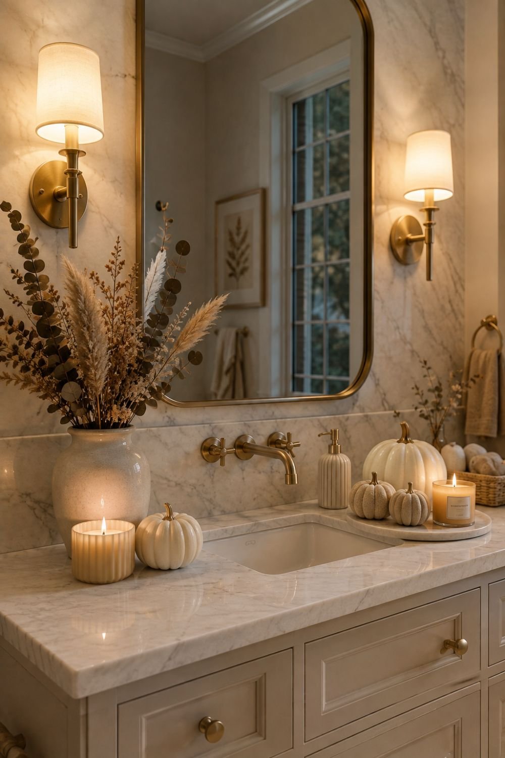 warm lighting pumpkin bathroom decor idea