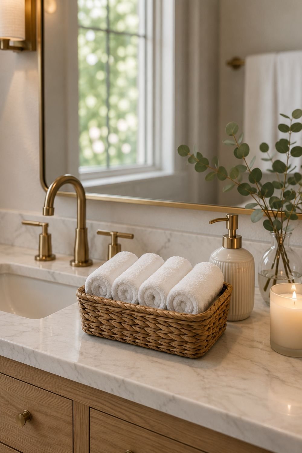 woven basket bathroom counter decor idea