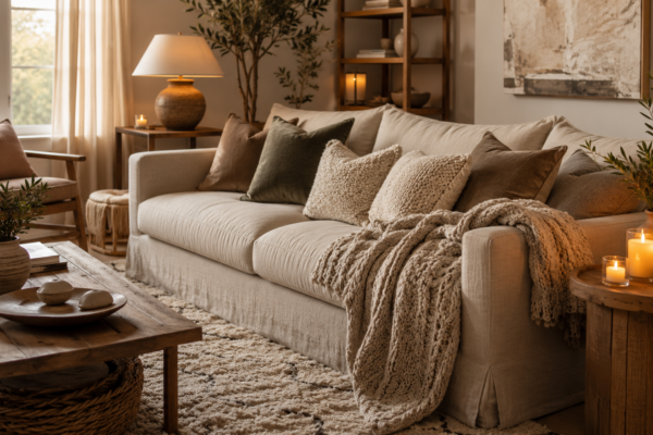 layered comfort decor ideas with textured pillows and throw