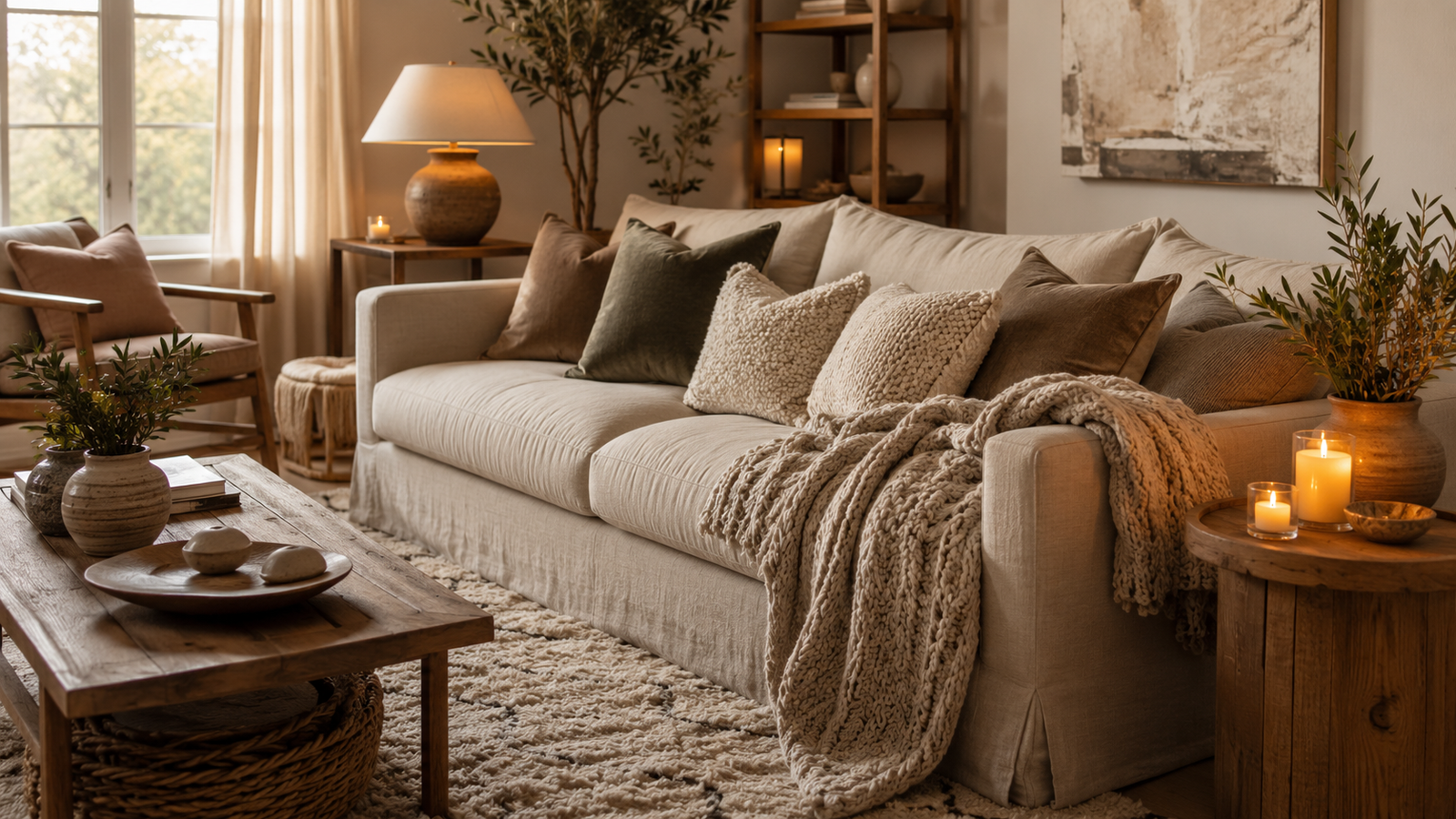 layered comfort decor ideas with textured pillows and throw