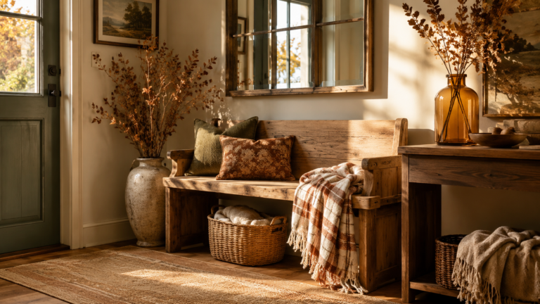 no-pumpkin fall entryway decor ideas with plaid throw and dried branches