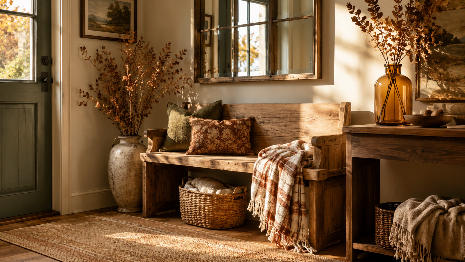 no-pumpkin fall entryway decor ideas with plaid throw and dried branches