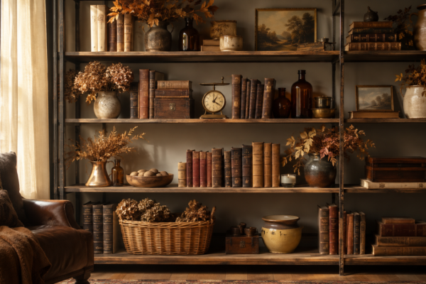 fall shelf styling ideas with vintage books and dried hydrangeas