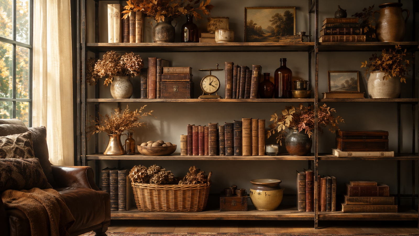fall shelf styling ideas with vintage books and dried hydrangeas