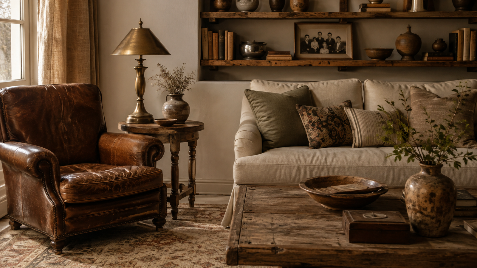patina decor ideas with tarnished brass and worn leather