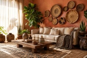 afrohemian decor ideas with mudcloth throw and woven baskets