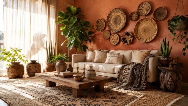 afrohemian decor ideas with mudcloth throw and woven baskets