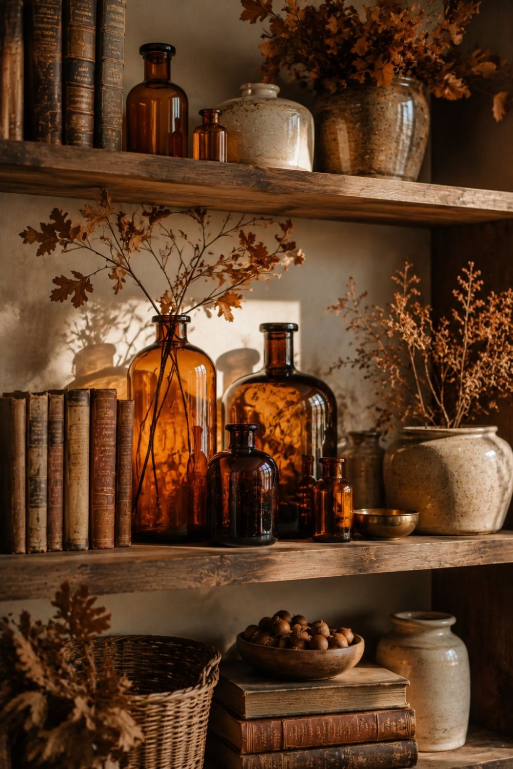 amber glass fall shelf styling idea