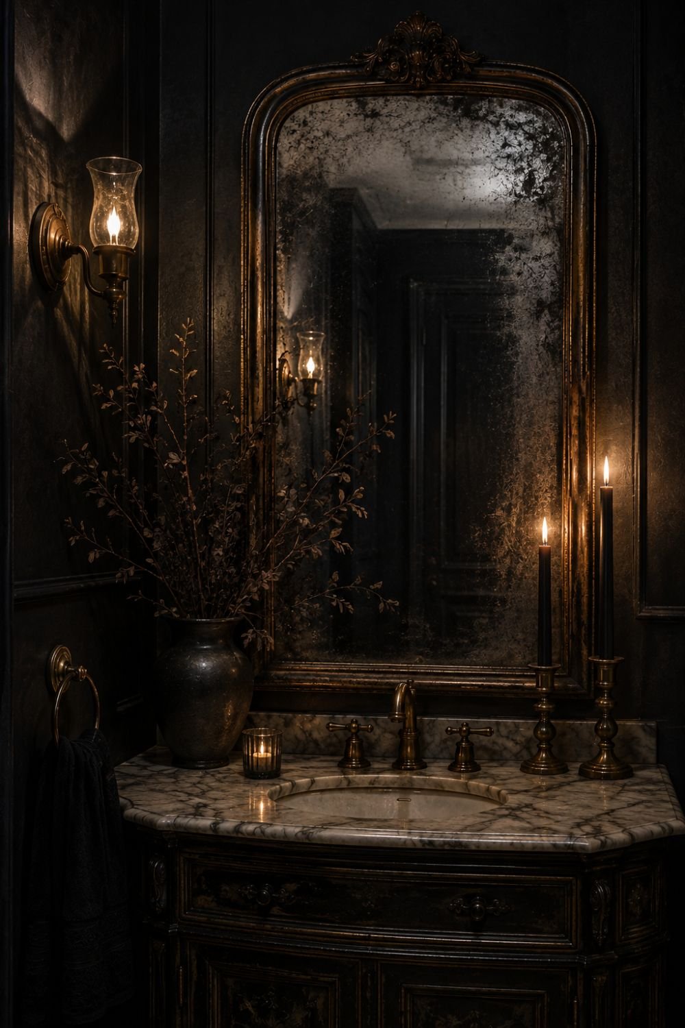 antique mirror halloween powder room idea