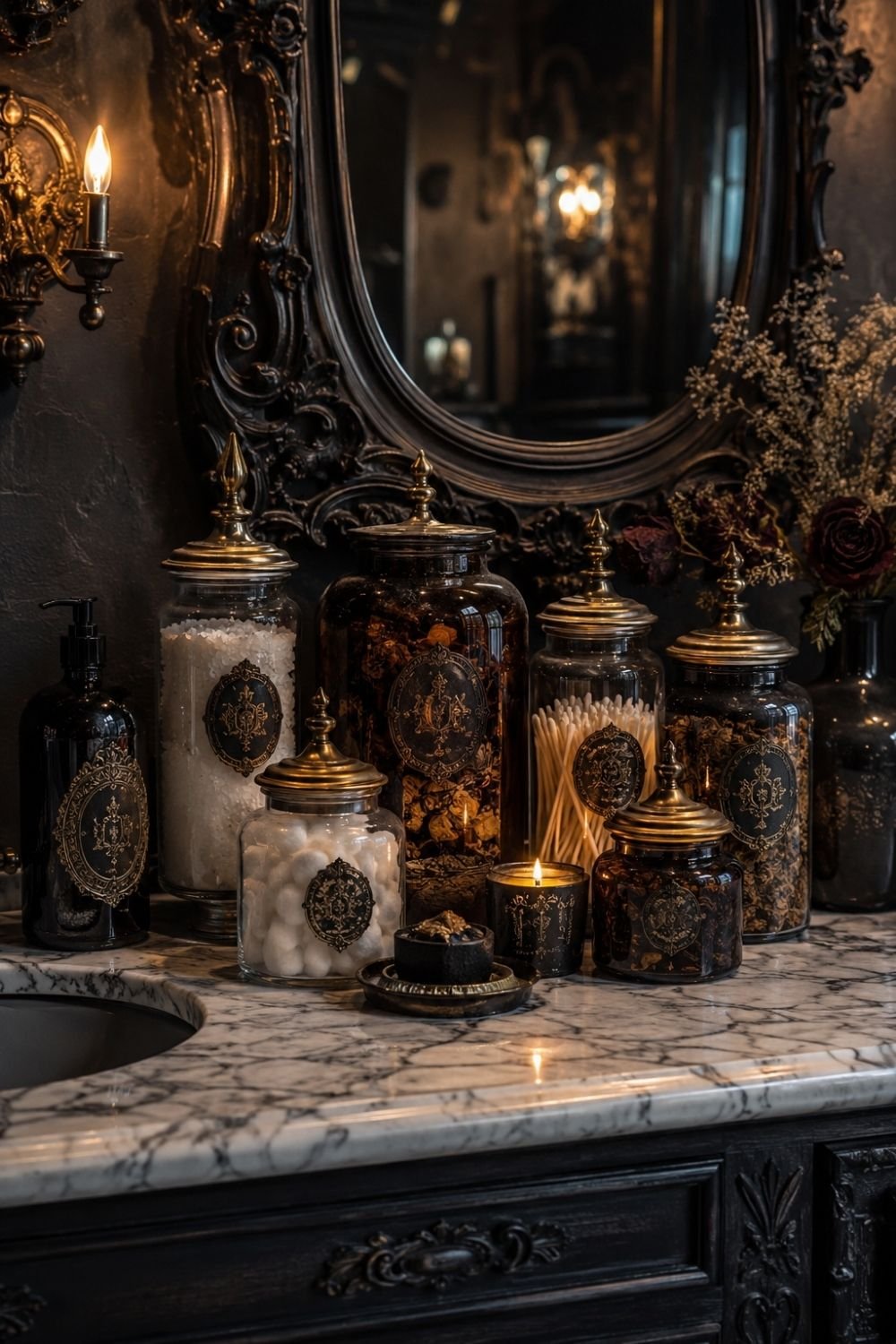 apothecary jars gothic halloween bathroom decor idea