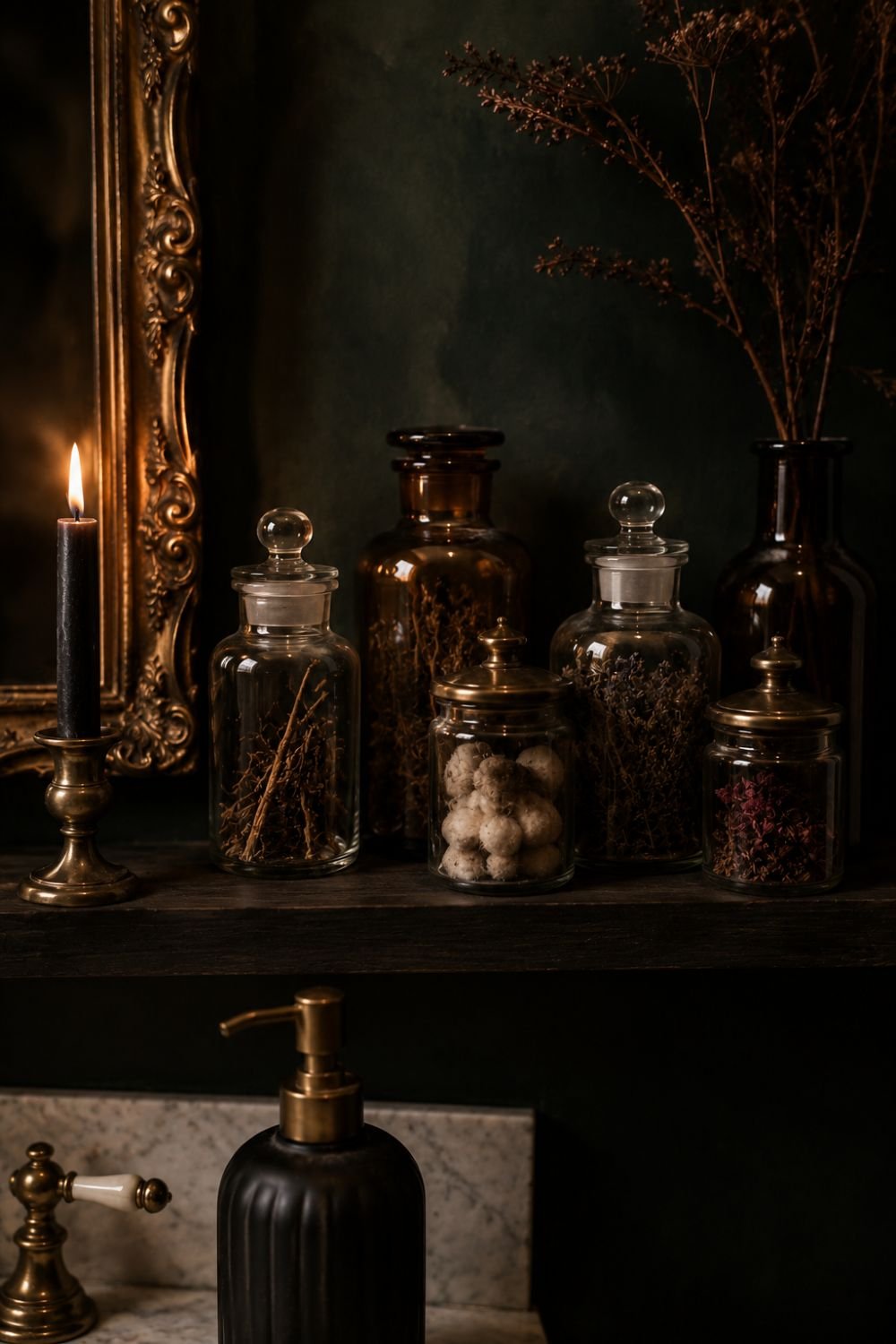 apothecary jars halloween powder room idea