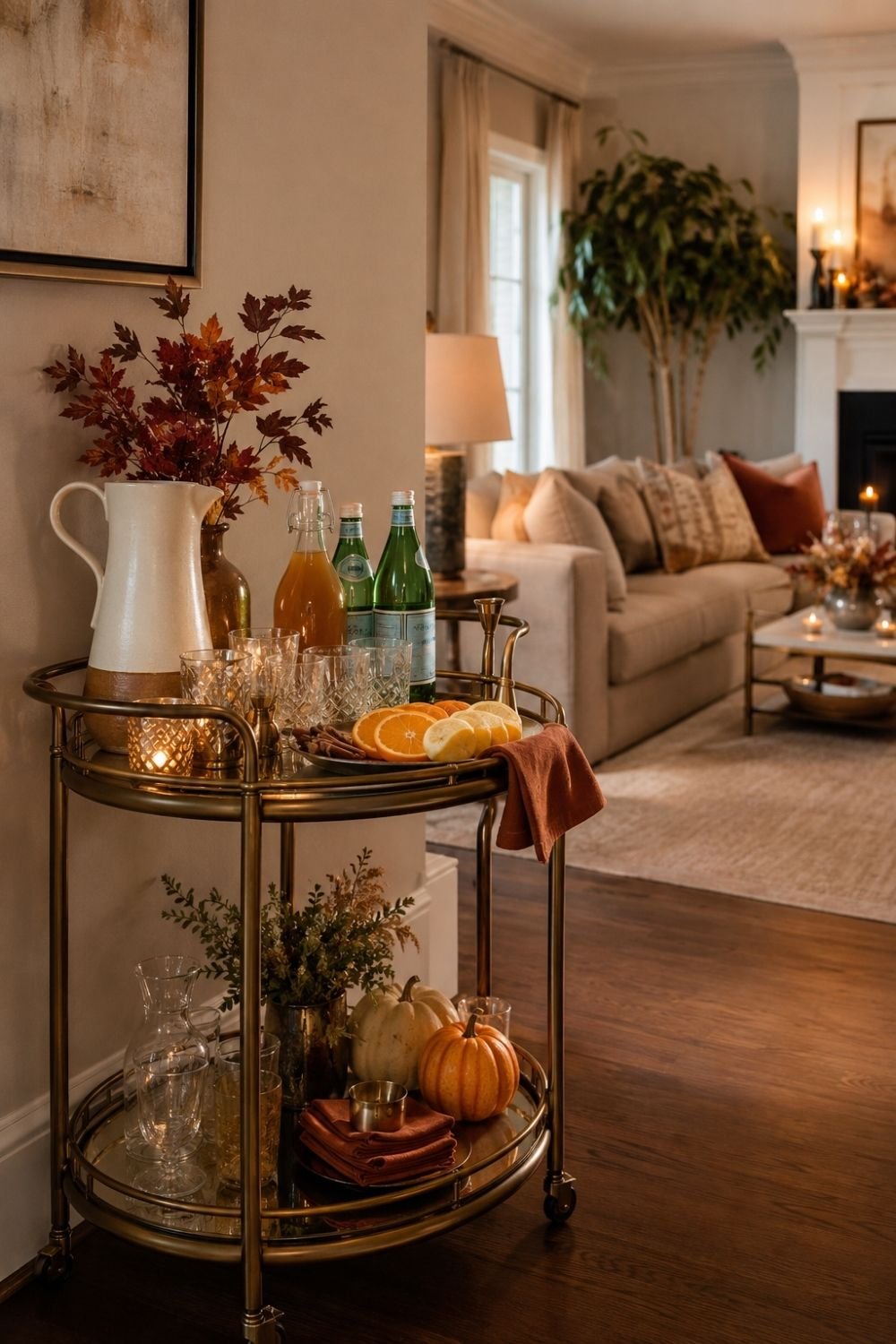 bar cart thanksgiving living room decor idea