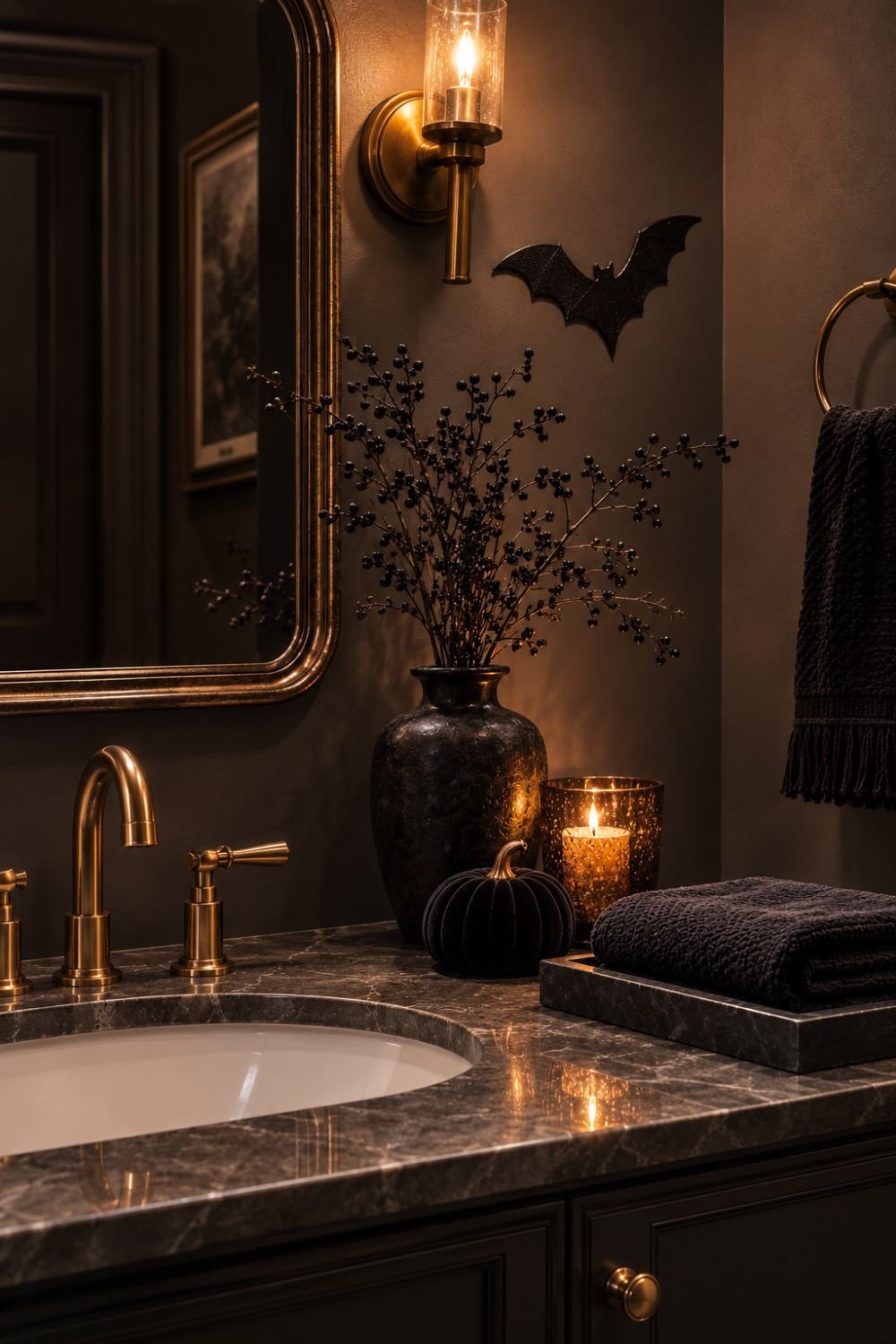 bat silhouette halloween powder room 