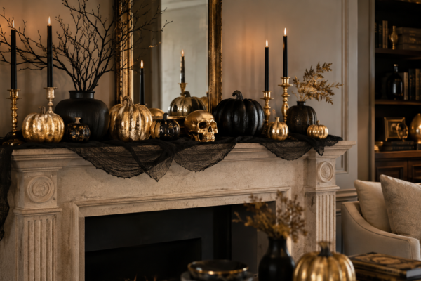 black and gold halloween decor ideas with gilded pumpkins and candles