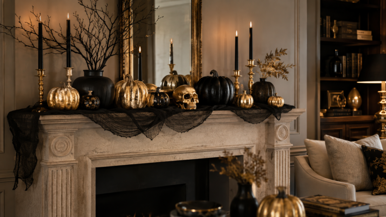 black and gold halloween decor ideas with gilded pumpkins and candles