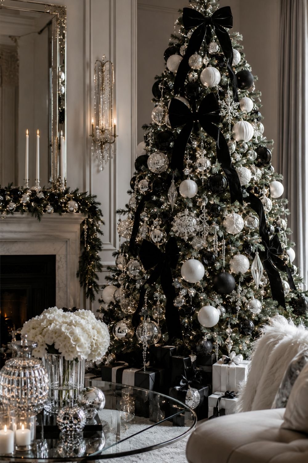 black and white glam christmas decorating idea