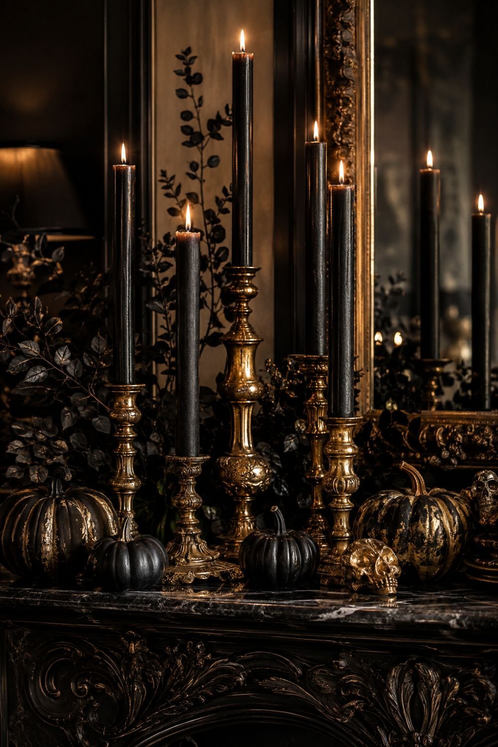 black candles gold holders halloween decor idea