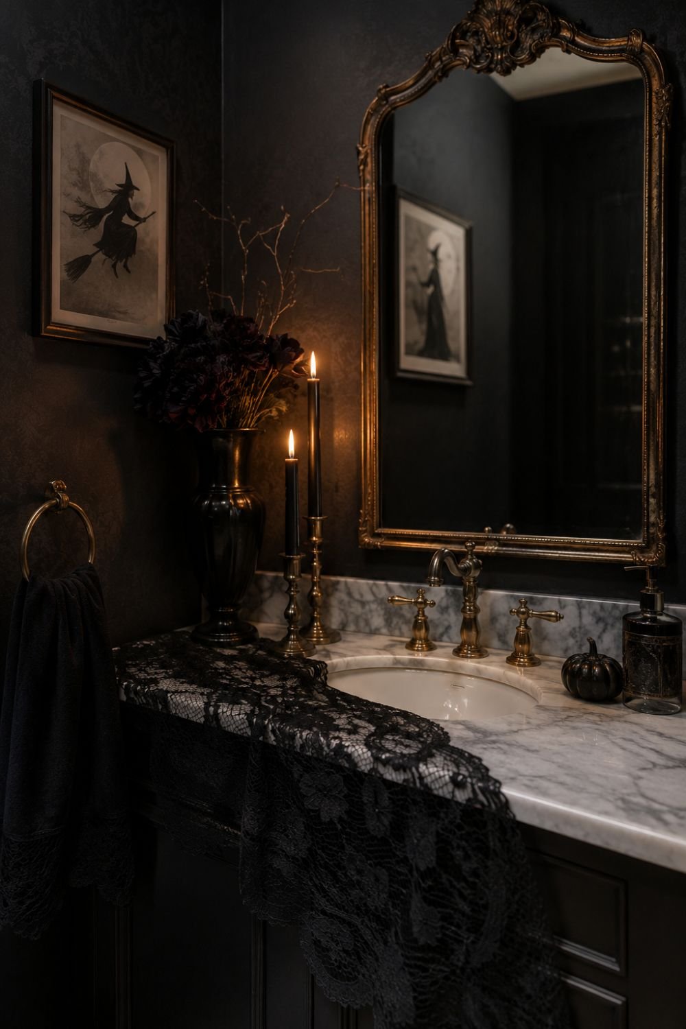 black lace halloween powder room idea