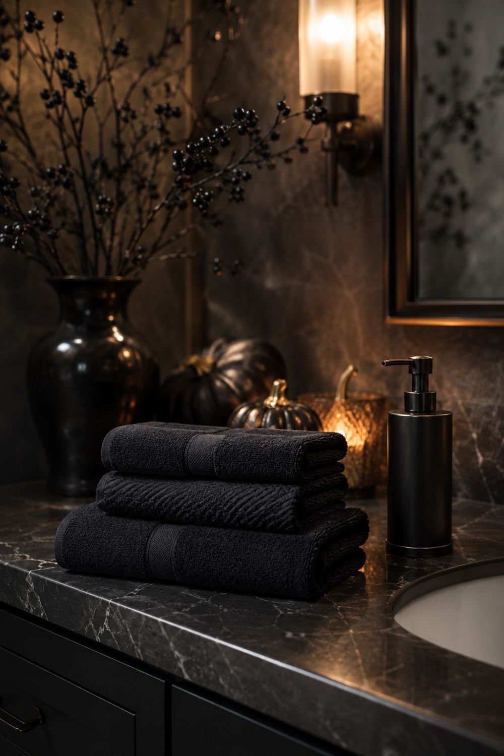  black towels halloween powder room idea