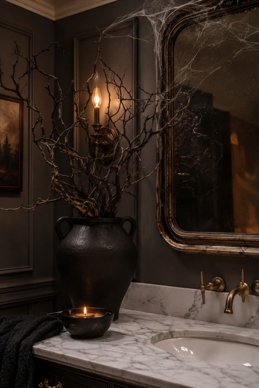 black vase halloween powder room 