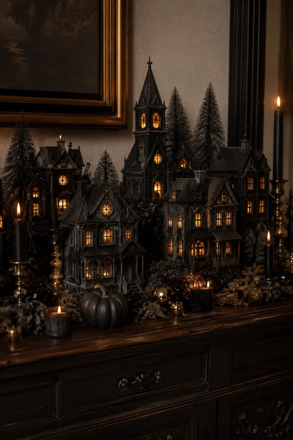 black village gold lighting halloween decor idea