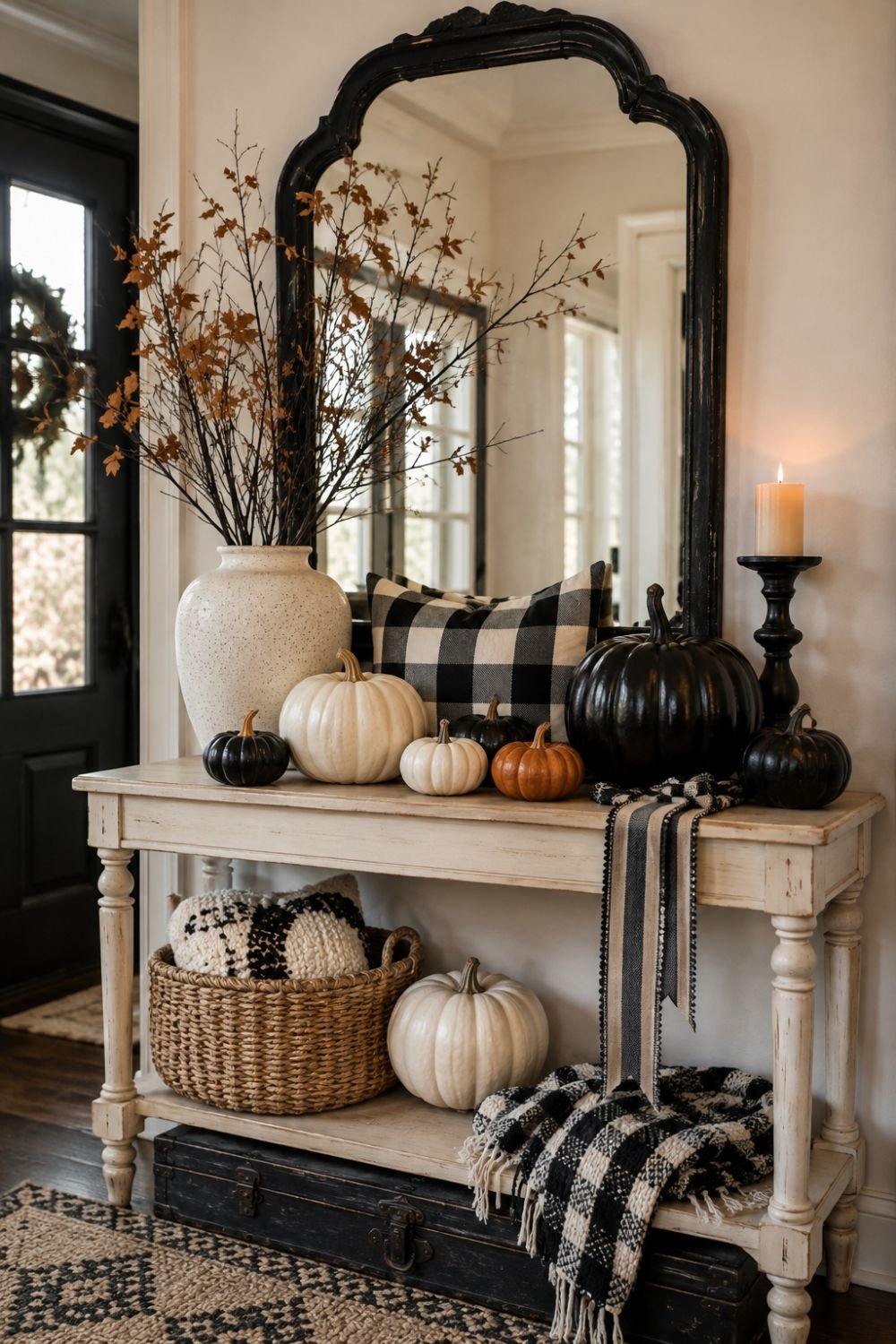 black white accents halloween entryway decor idea
