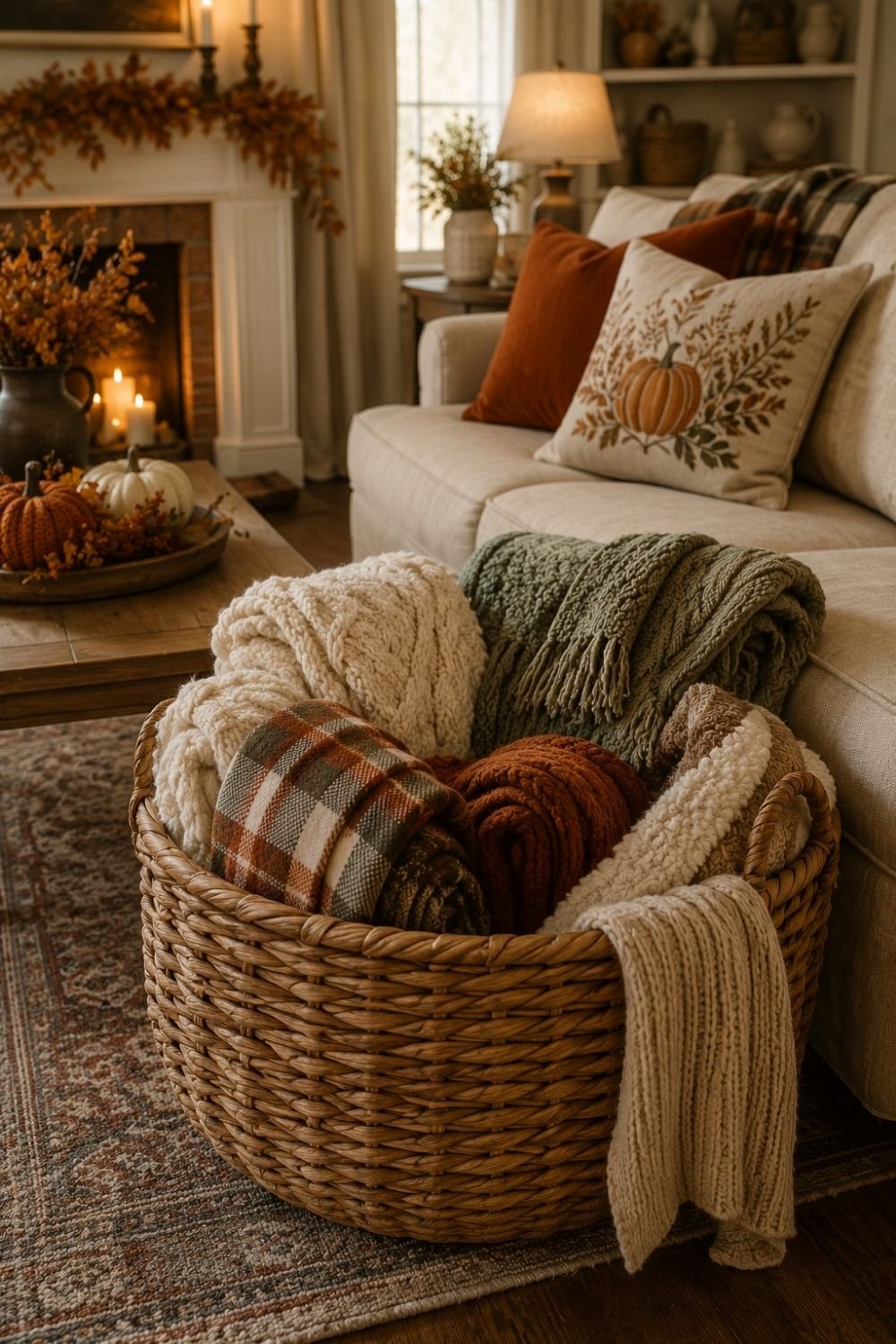 blanket basket thanksgiving living room decor idea