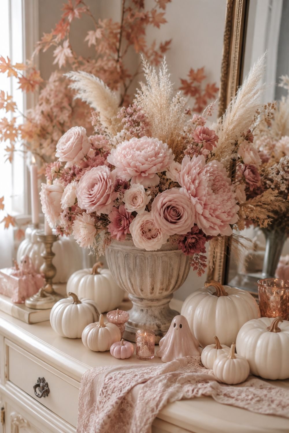 blush florals pastel pink halloween decor idea