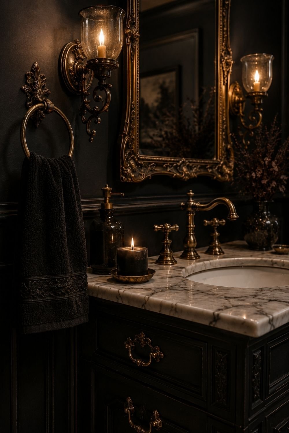 brass hardware gothic halloween bathroom decor idea