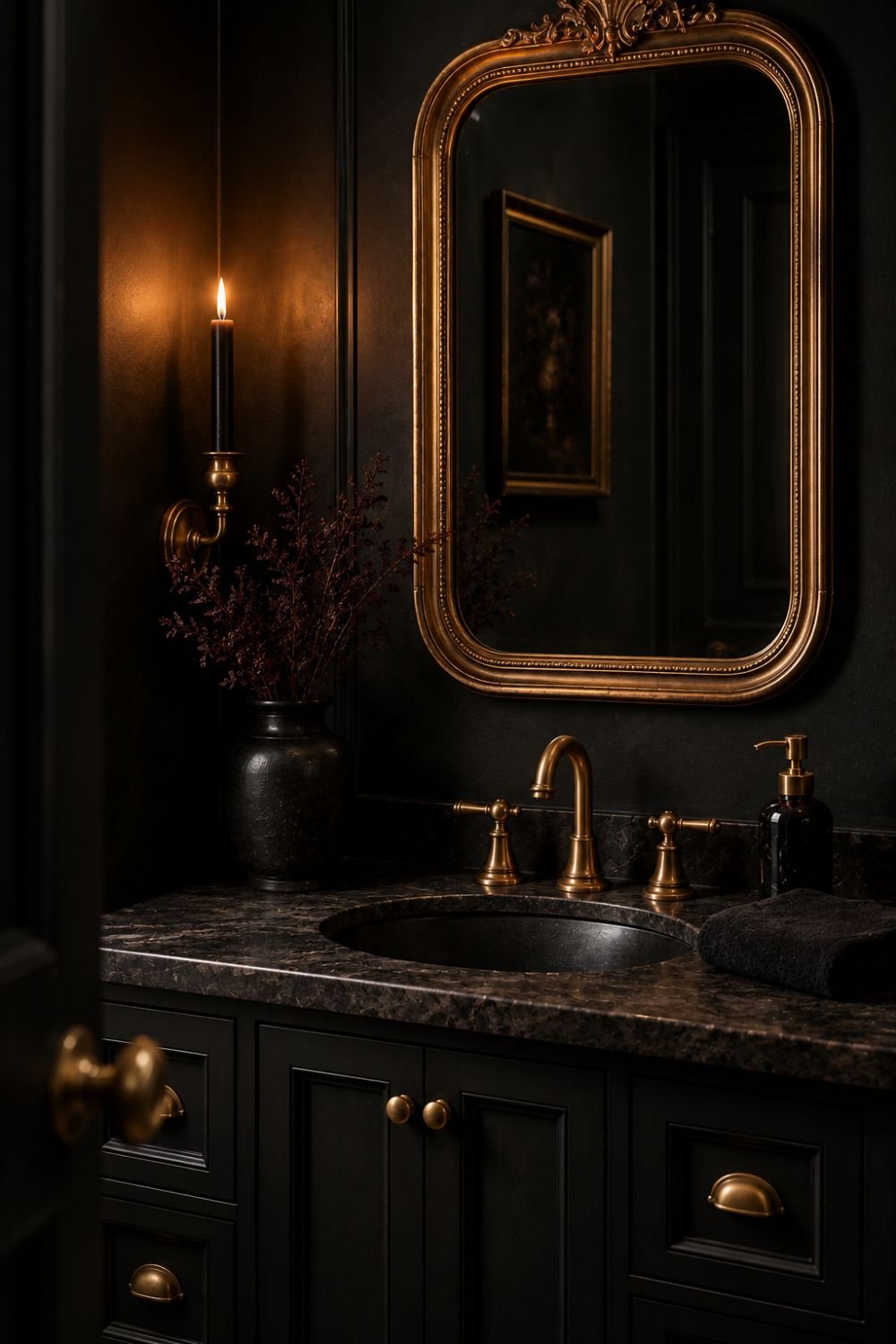 brass hardware halloween powder room idea