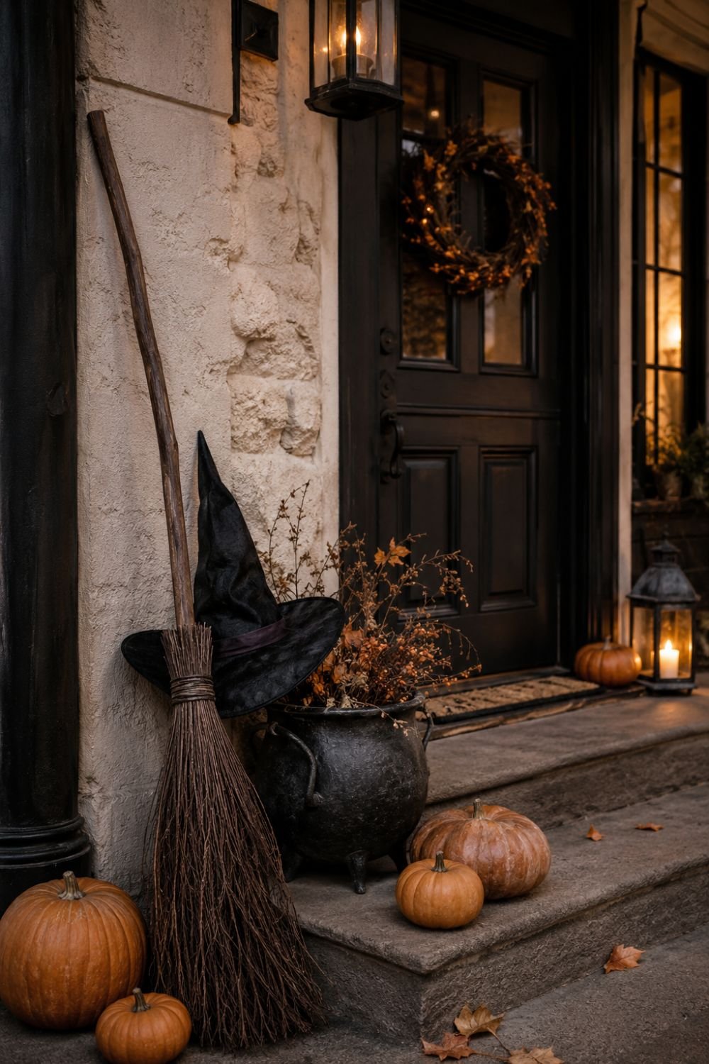  broom hat halloween entryway decor idea