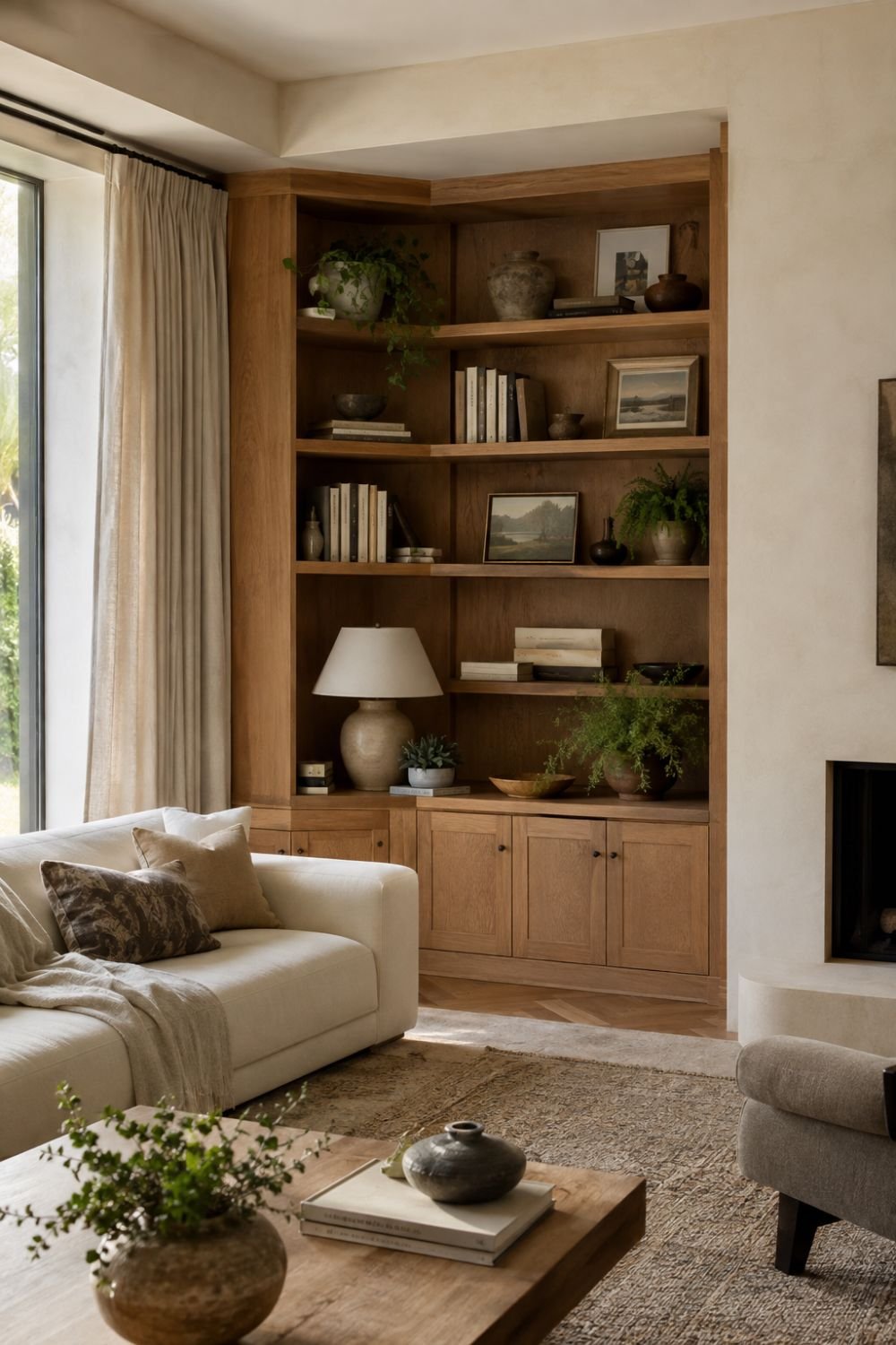 built-in shelving living room layout idea