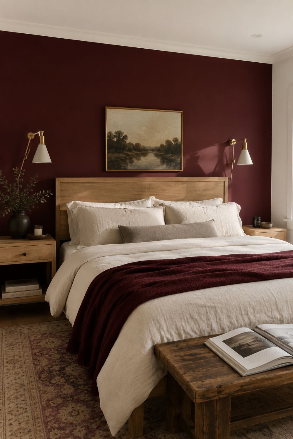 burgundy accent wall bedroom decor idea