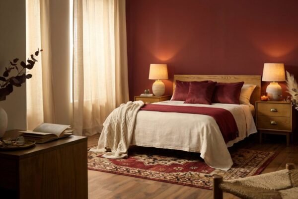 burgundy bedroom decor ideas with accent wall and cream bedding