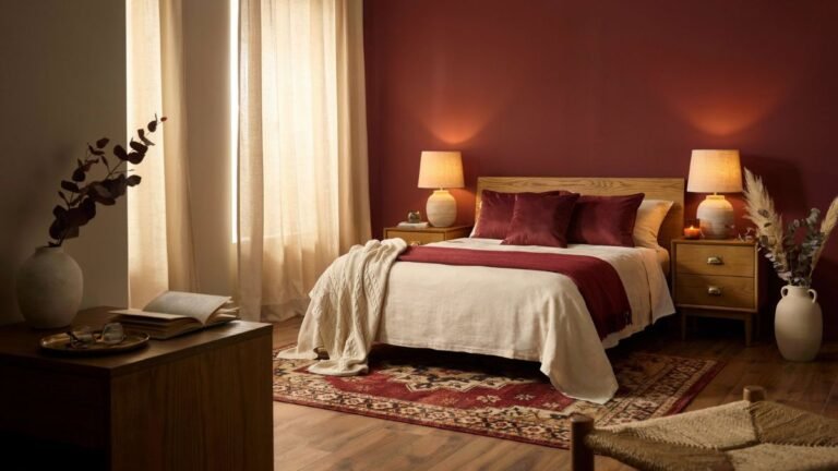 burgundy bedroom decor ideas with accent wall and cream bedding