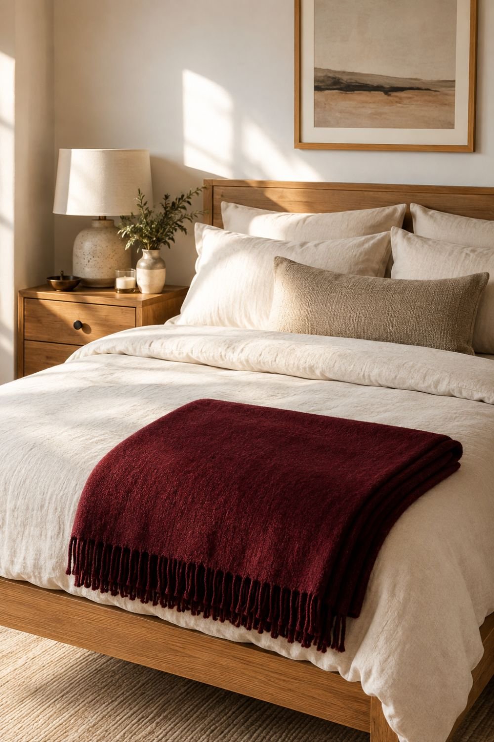 burgundy throw bedroom decor idea
