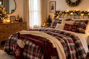 christmas bedroom decor ideas with plaid bedding and fairy lights