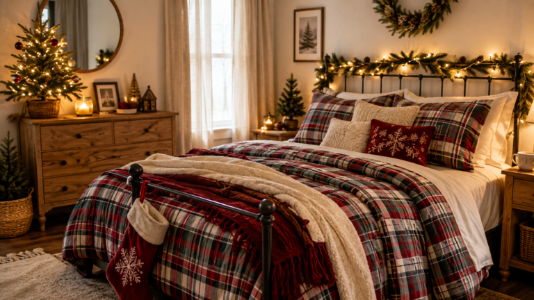christmas bedroom decor ideas with plaid bedding and fairy lights