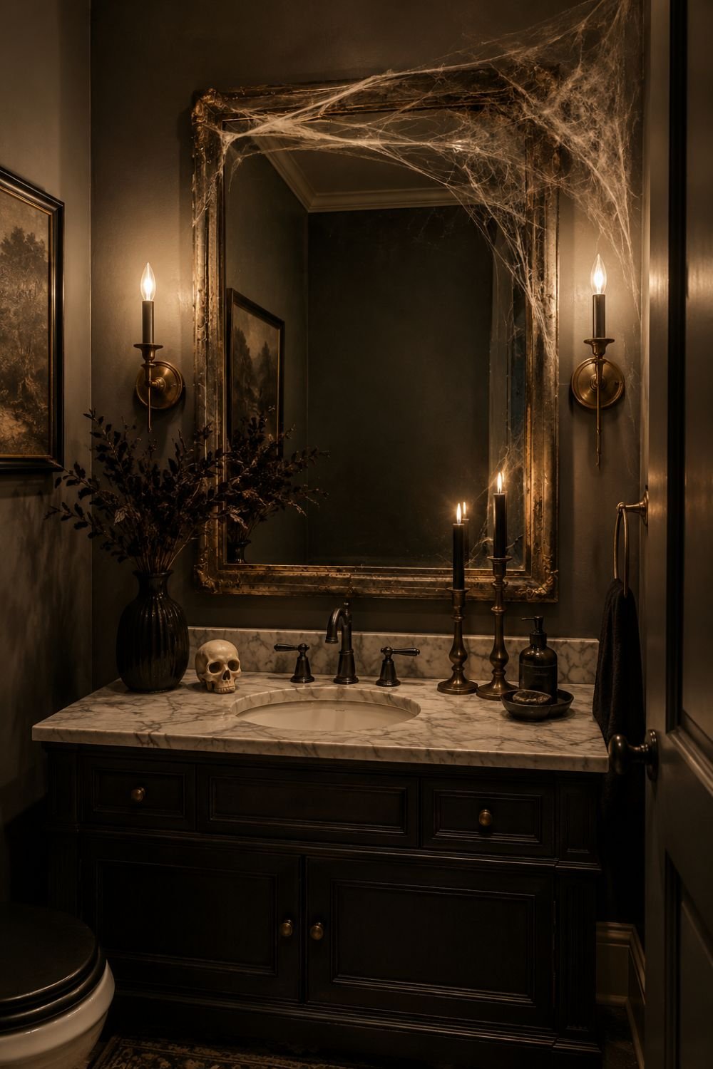  cobweb mirror halloween powder room idea