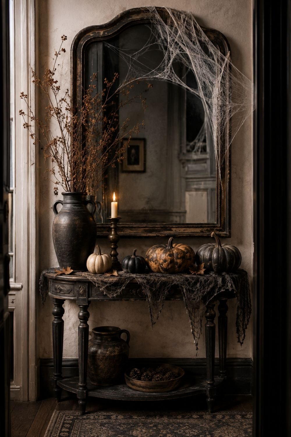 cobwebs halloween entryway decor idea