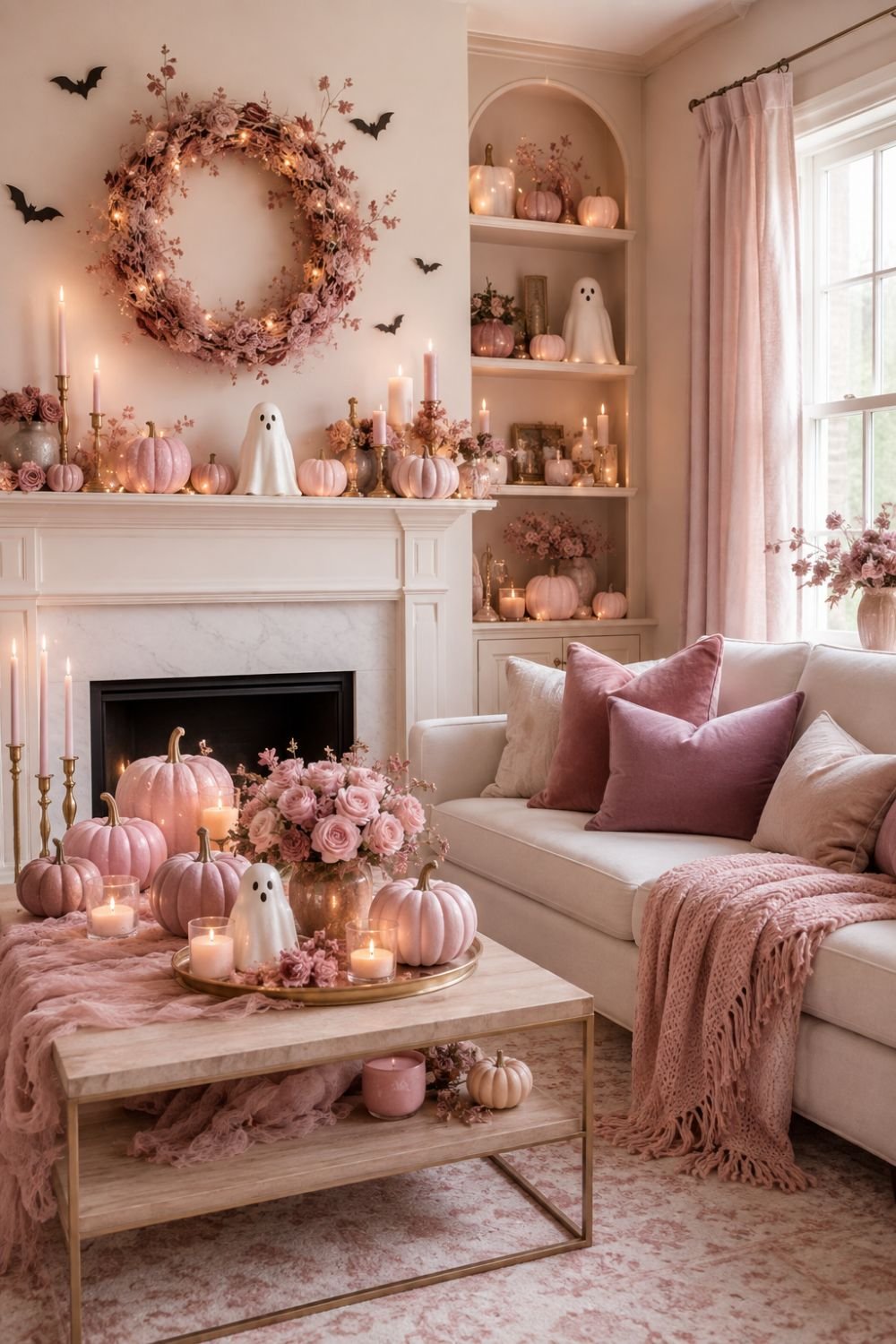 cohesive palette pastel pink halloween decor idea